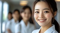 Young Asian businesswoman smiling confidently in modern office with diverse team colleagues in background for corporate teamwork and leadership concepts.