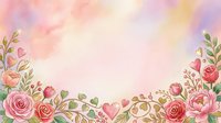 Watercolor floral border with pink roses, hearts, and botanical elements on soft pastel background, isolated for greeting cards and design projects.