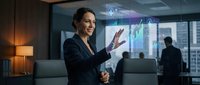 Woman in business attire presenting data analytics on holographic display in modern office environment with colleagues and city skyline visible through windows.