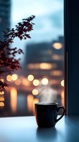 Steaming coffee mug on windowsill with autumn maple leaves and warm bokeh city lights creating cozy evening atmosphere for relaxation and comfort.