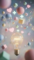 Illuminated light bulb surrounded by floating geometric shapes, hearts, medical crosses, DNA strands, and spheres in soft pastel colors on blurred background. Concept for innovation, healthcare, science, creativity, and ideas.