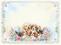 Adorable puppies sitting in decorative floral arrangement with ornate border frame on watercolor background for greeting cards and pet-themed designs.