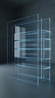 Layered transparent glass panels displaying research methodology steps including ethics review, objective analysis, systematic protocol, and objective analysis in modern laboratory setting.