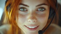 Young redhead woman with freckles and green eyes smiling at camera in warm natural light. Close-up portrait for lifestyle and beauty content.