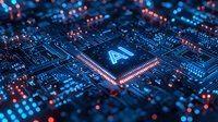 Glowing AI processor on futuristic circuit board with blue and red illumination, digital technology concept showing artificial intelligence computing power.