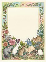 Decorative floral frame with cute woodland animals including mice and rabbits surrounded by roses, berries and leaves on cream background for invitations.