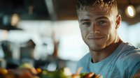 Young Caucasian man with confident smile wearing light blue t-shirt in soft natural lighting, looking directly at camera against blurred restaurant or cafe background.