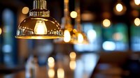 Golden pendant lamp with warm light in restaurant interior with blurred bokeh background creating cozy atmosphere for dining experience.