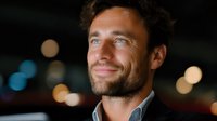 Smiling man with stubble beard against blurred bokeh lights background, expressing confidence and joy in evening urban setting. Professional portrait for business.