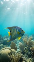 Striped angelfish swimming above coral reef with sunlight filtering through turquoise water, suitable for marine life, ocean conservation, and aquatic wildlife content.