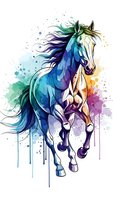 Colorful watercolor horse galloping with flowing mane and paint splashes on white background for artistic designs and equestrian themed projects.