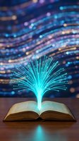 Open book with glowing cyan light rays emanating from pages against blurred digital blue background. Represents knowledge, learning, education, innovation, and digital transformation for web, publishing, and educational content.