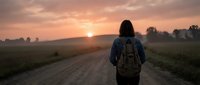 Woman with backpack standing on rural dirt road at sunrise, facing golden sun over misty fields and distant mountains, symbolizing adventure and journey.