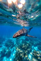 Great white shark swimming in crystal clear blue ocean waters, viewed from below with sunlight streaming through surface, creating dramatic underwater scene.
