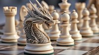 Dragon-themed chess knight piece on board with classical white pieces in background, detailed fantasy sculpture showing ornate scales and fierce expression.