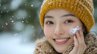 Young Asian woman wearing mustard yellow knit beanie and cozy sweater applies skincare cream to cheek during snowy winter day, smiling brightly with snowflakes falling.