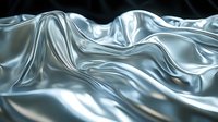 Luxurious silver silk fabric with elegant waves and folds creating dynamic light reflections and shadows on smooth metallic surface. Suitable for luxury backgrounds.