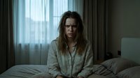 Young woman with long dark hair and Caucasian ethnicity sitting on bed in bedroom, wearing casual shirt, expressing sadness, stress, or depression. Interior scene with window and curtains.