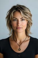 Confident young woman with blonde highlighted hair and natural makeup wearing black top and vintage pendant necklace against light background, studio portrait.