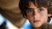 Young boy with striking blue eyes and wavy brown hair gazes intently at camera, natural lighting creates soft shadows on face, wearing casual earth-toned clothing.