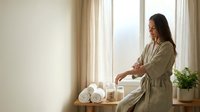 Young woman in bathrobe enjoying peaceful morning routine in bright bathroom with towels and plants creating serene spa atmosphere for wellness and self-care.