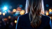 Young blonde woman in business attire looking at blurred city lights and bokeh at night, back view. Atmospheric urban evening scene with soft focus background.