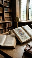 Antique manuscripts and illuminated books displayed on wooden desk in historic library with brass lamp, leather accessories, and bookshelves. Suitable for education, literature, and heritage content.