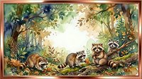 Watercolor forest scene with cute raccoons playing among lush green foliage and wildflowers in natural woodland habitat for children's book illustration.