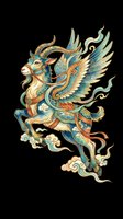 Ornate mythical dragon-goat hybrid with elaborate wings, horns, and decorative patterns in teal, gold, and orange. Isolated on transparent background, ready for t-shirts, stickers, and print-on-demand designs.