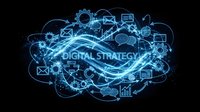 Digital strategy concept with glowing neon network icons, gears, and communication symbols on dark background for business technology solutions.