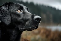 Black Labrador retriever with amber eyes in profile against blurred natural background, showcasing loyal and attentive expression.