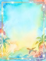 Watercolor tropical vacation frame with palm trees, airplane, ocean waves, and golden sun on gradient background. Ideal for travel branding, summer promotions, and holiday designs.