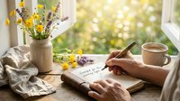 Person writing gratitude journal at sunny window with coffee cup and spring flowers creating peaceful morning routine for mindfulness and self-care practice.