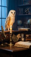 Barn owl perched on antique wooden desk with candlelight, old books and vintage nautical instruments in scholarly library setting for fantasy storytelling.