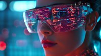 Futuristic female wearing high-tech glasses with red digital reflection. Neon city lights create cyberpunk atmosphere with blue and pink color scheme. Close up portrait.