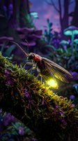 Glowing firefly with bright yellow light sits on moss in enchanted forest with purple twilight sky and magical atmosphere for fantasy designs.