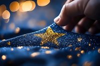 Glowing golden star on dark blue glitter surface with bokeh lights and magical sparkles in dreamy holiday atmosphere. Finger touching decorative element.