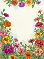 Watercolor zinnia flower frame border with colorful blooms and green leaves, copy space in center for text or greeting card design.