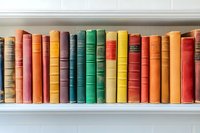 Colorful vintage hardcover books arranged in row on white bookshelf, displaying vibrant spines in red, green, yellow, and orange tones.
