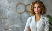 Professional mixed race female lawyer with curly blonde hair and confident pose standing in modern office, scales of justice visible in background.