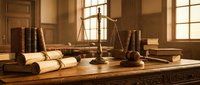Classic law office interior with brass scales of justice, legal books, gavel and scrolled documents on wooden desk creating professional attorney workspace.