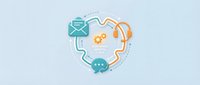 Customer service communication cycle with email, phone, chat and feedback icons on light background for business support solutions.