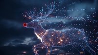 Magical glowing deer silhouette with sparkles and light particles running through night sky with clouds, constellation and stars effect for winter holiday design.