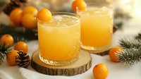 Fresh orange winter cocktail with ice cubes served on wooden coaster, decorated with kumquats and pine branches, festive drink photography.