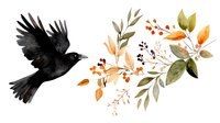 Black crow in flight with autumn foliage branch featuring orange berries and golden leaves on white background for seasonal design projects.