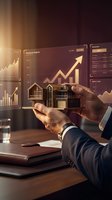 Businessman hands holding miniature houses with dollar signs and rising financial charts on screens showing real estate investment growth and market analysis.