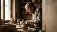 Elderly craftsman shaping clay on pottery wheel in traditional workshop with warm natural lighting and rustic wooden shelves filled with ceramic pieces.