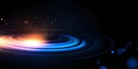 Glowing spiral of light with blue and orange colors against dark space background, creating dynamic motion effect with lens flares and particles.
