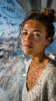 Young mixed-race woman with mathematical equations written on her skin standing near whiteboard with formulas for education and science concepts.