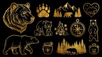 Golden bear clipart set with paw prints, campfire, compass, mountains, and forest scenes, isolated on transparent background. Great for t-shirts, stickers, and print on demand.